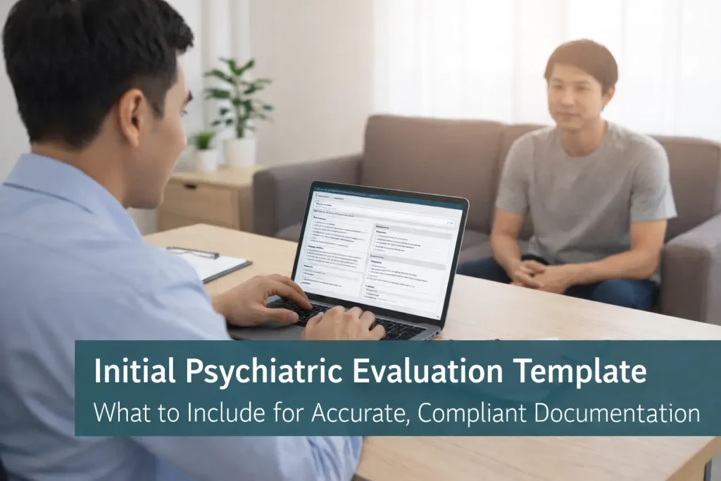 Clinician completing an initial psychiatric evaluation template on a laptop during a mental health intake session