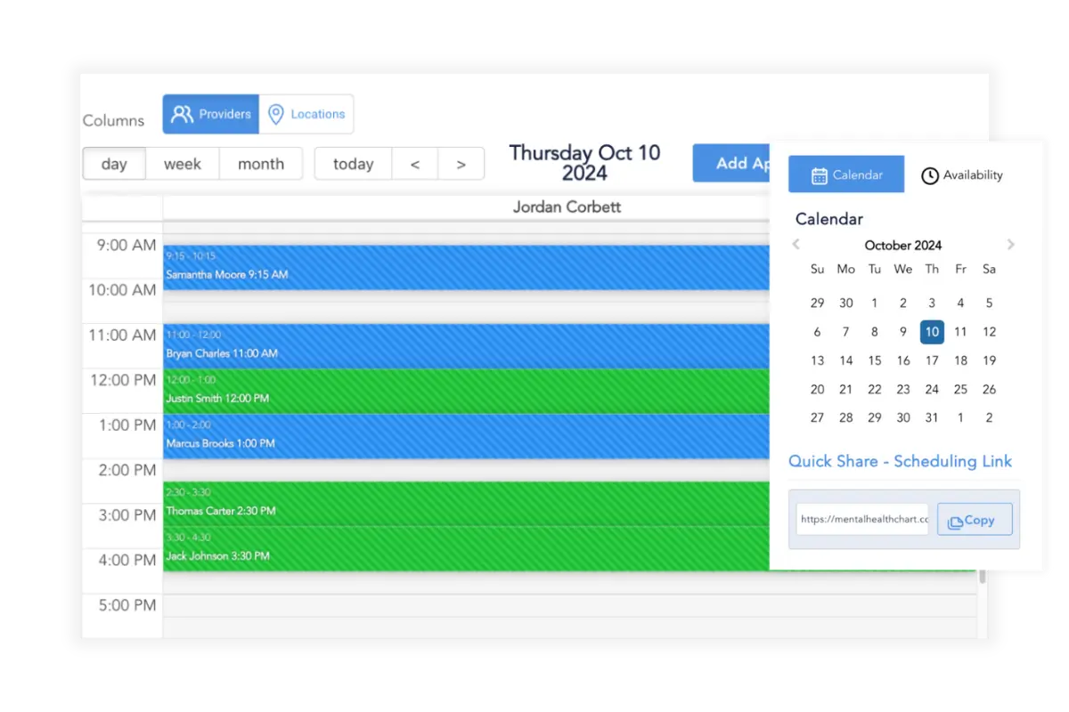 Practice management software for behavioral health with calendar scheduling and appointment booking tools