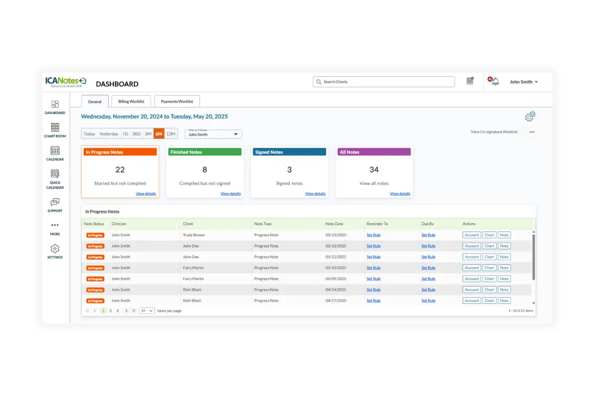 Behavioral health EHR dashboard showing workflow management, note tracking, and practice management tools