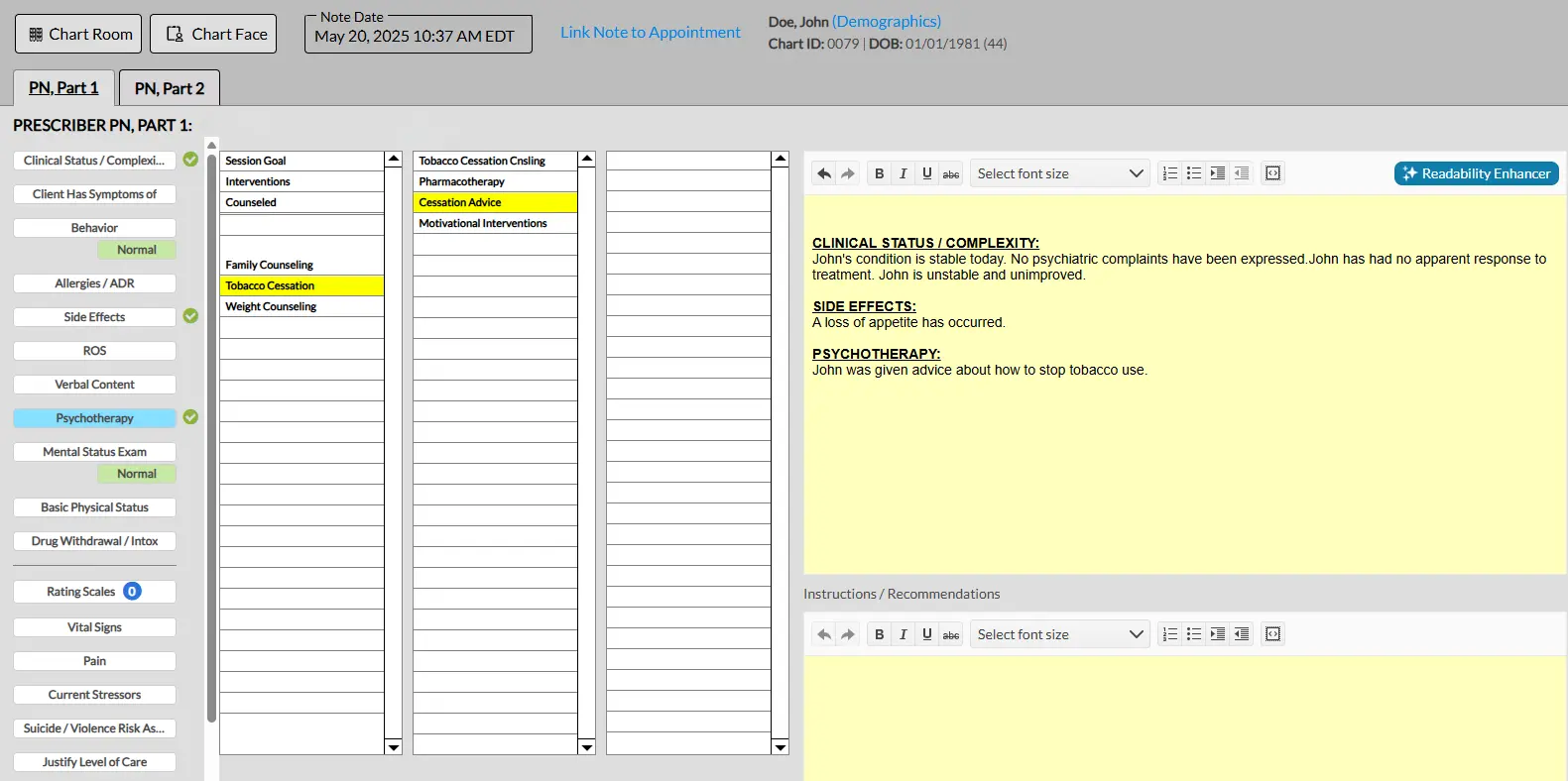 Nurse practitioner charting templates in EHR software showing psychiatric progress note documentation