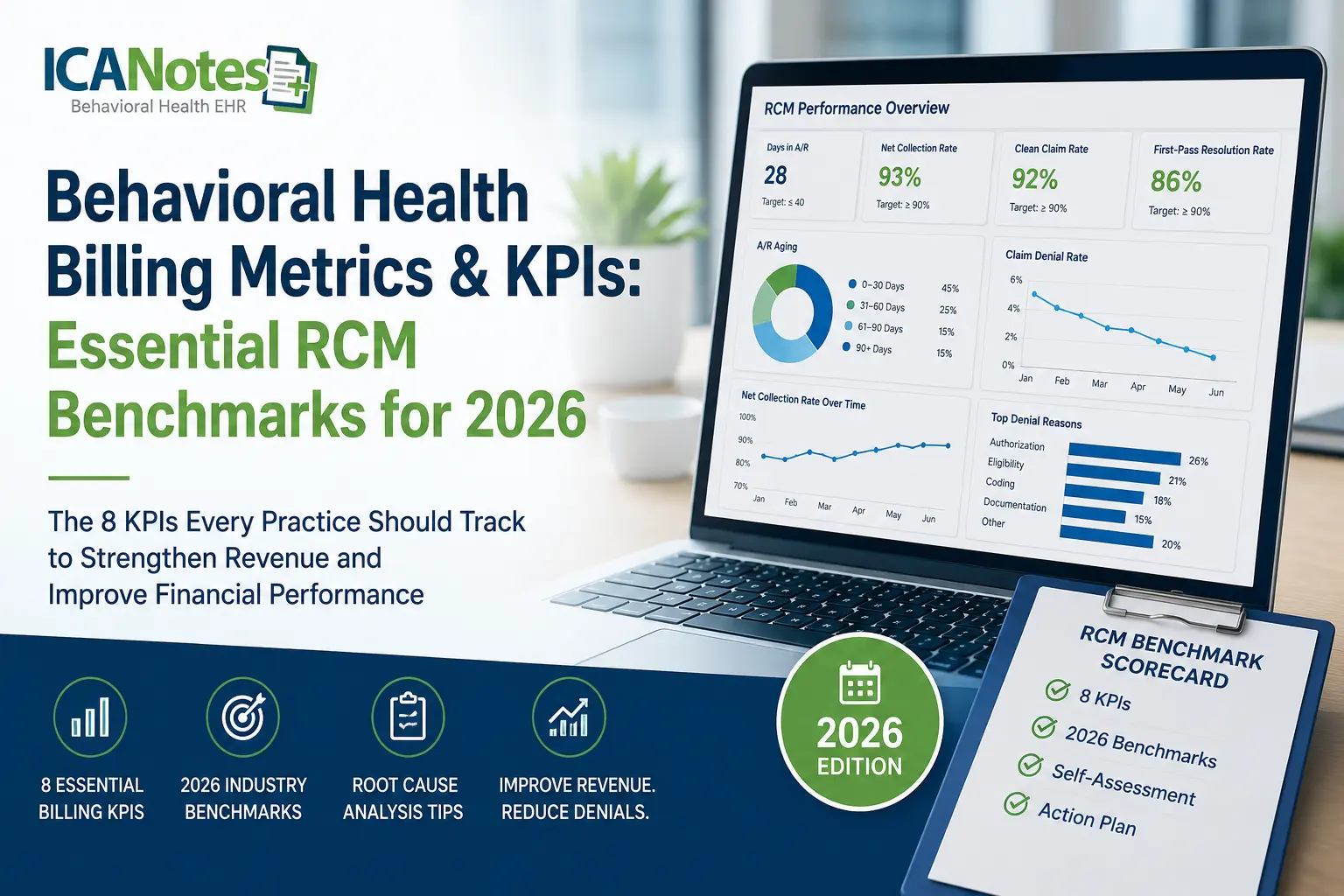 Behavioral health billing metrics and KPI dashboard showing revenue cycle management benchmarks including days in accounts receivable, net collection rate, clean claim rate, denial rate, and first-pass resolution rate for behavioral health practices in 2026.