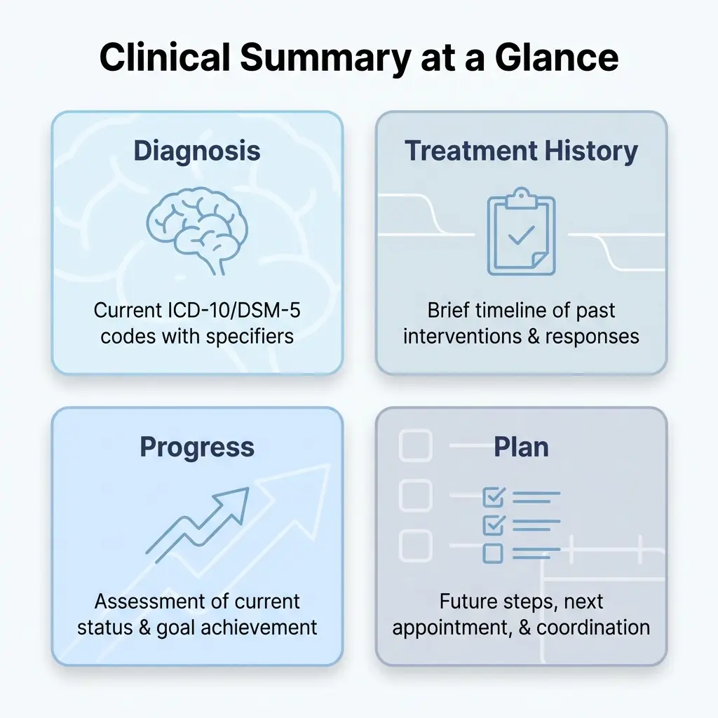 clinical summary components in mental health including diagnosis treatment progress and plan infographic