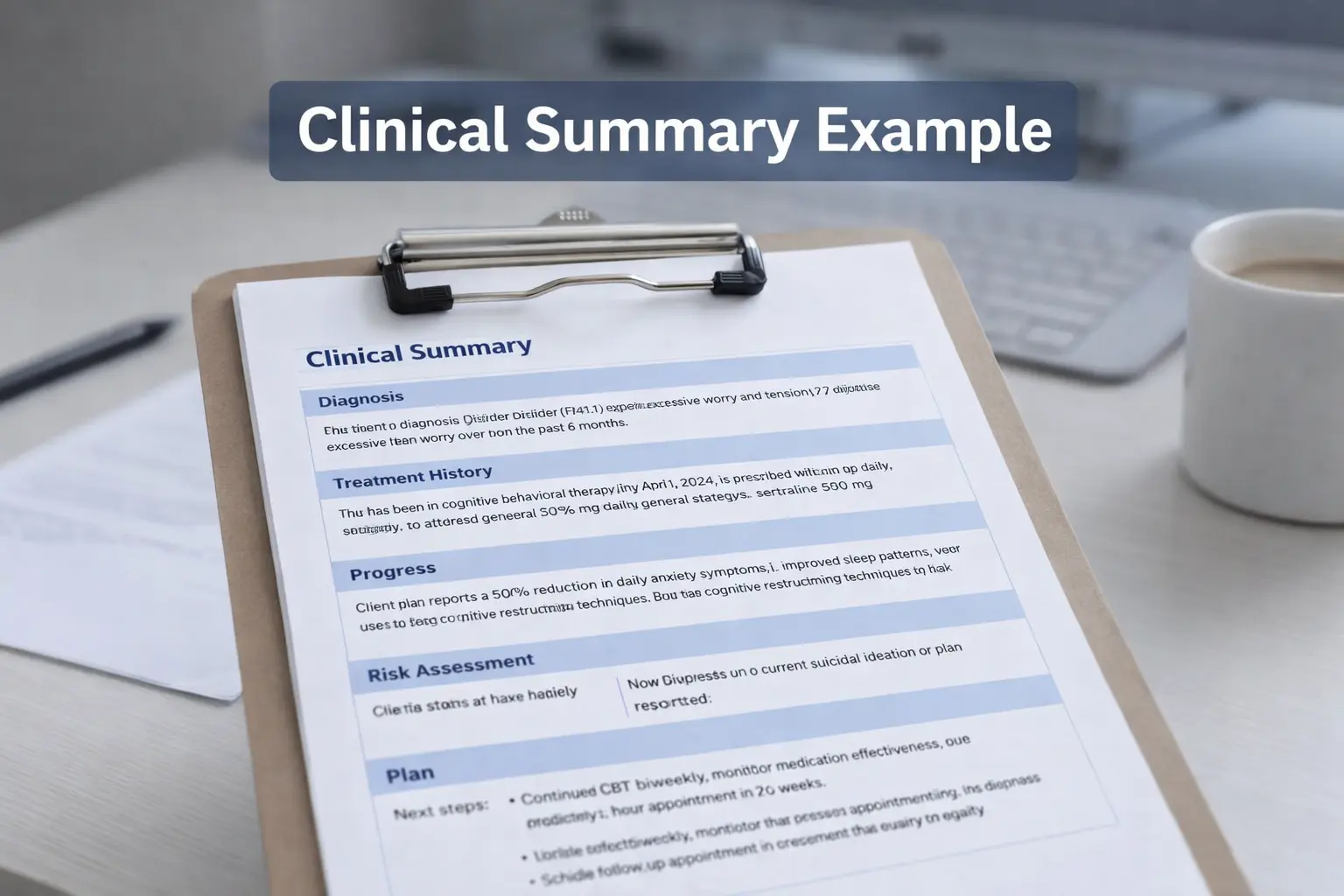 clinical summary example showing diagnosis treatment history progress risk assessment and plan in mental health documentation