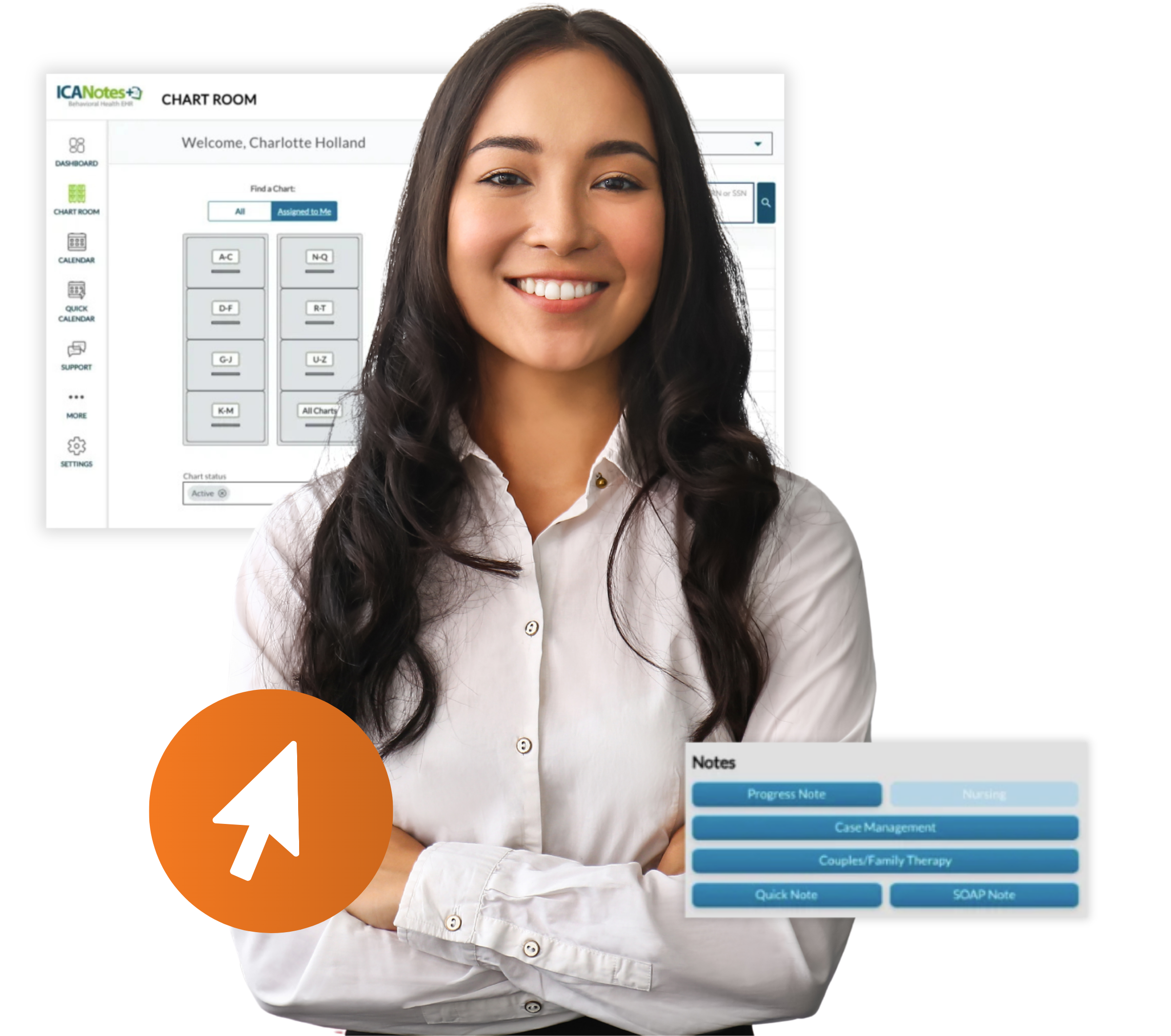 Mental health professional showing the ICANotes Chart Room where clinicians can locate patient charts