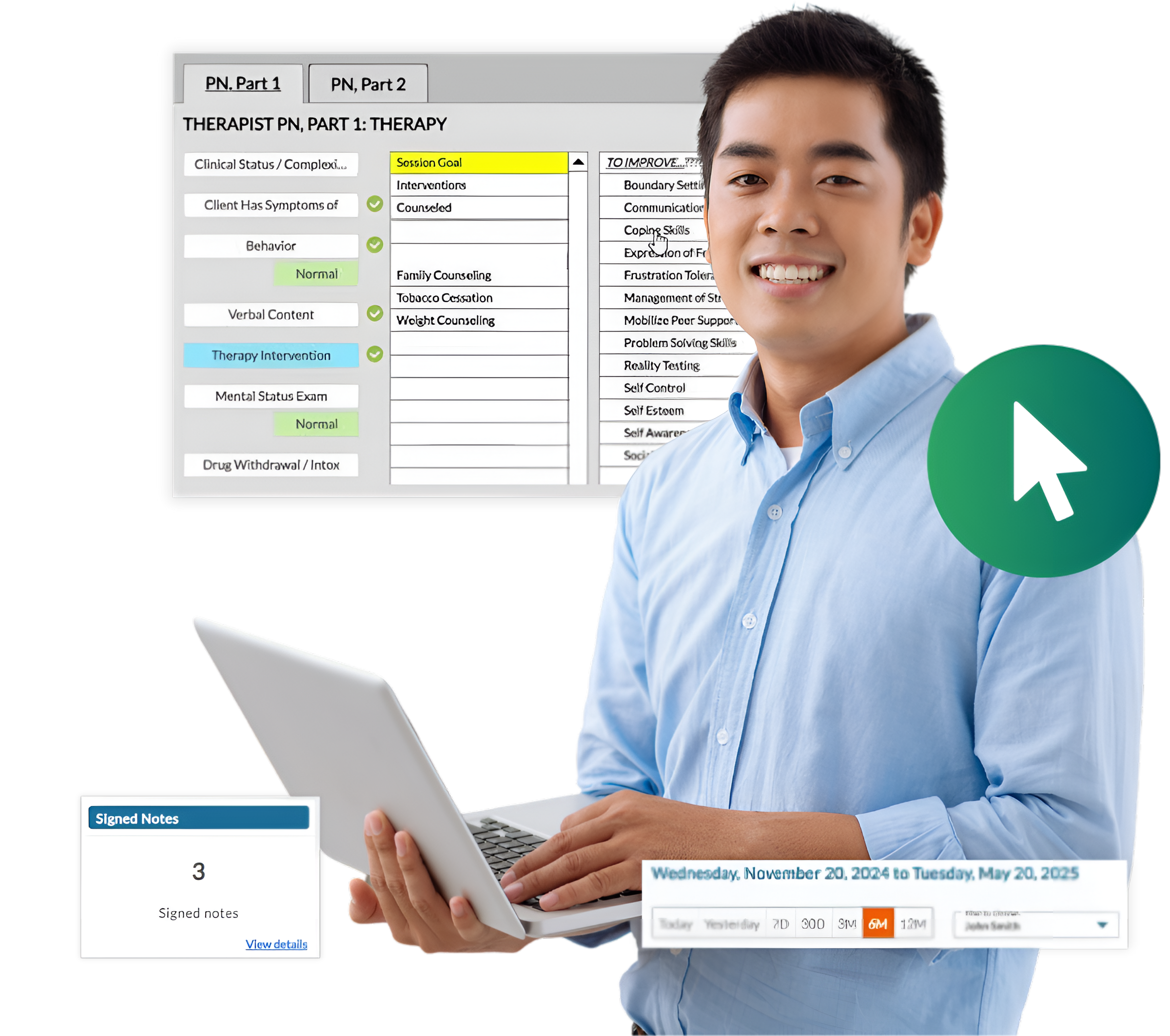 Menu-driven note template user interface in the ICANotes EHR for Therapists
