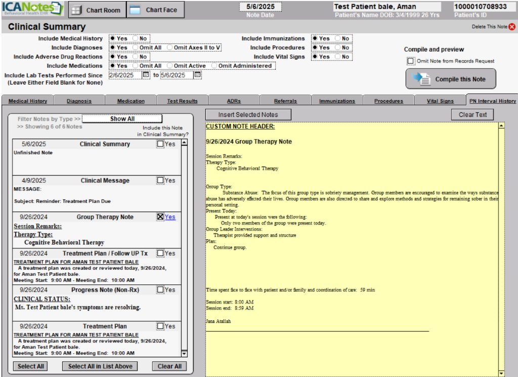 Screenshot showing the Clinical Summary Work Area in the ICANotes mental health EHR