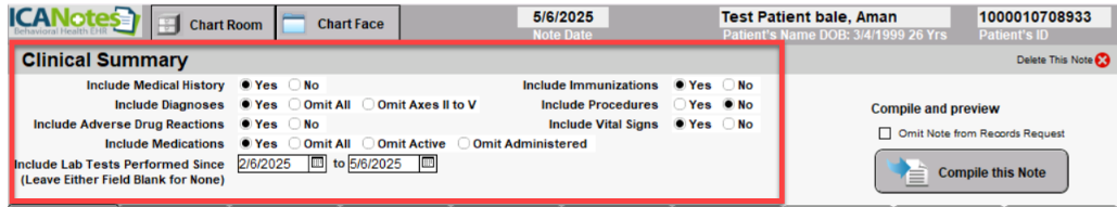ICANotes screen where clinicians select what elements to include in their Clinical Summary