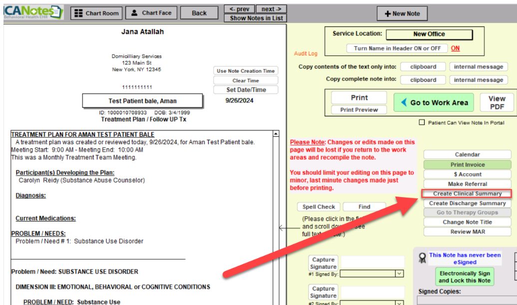Screenshot showing how to start the creation of a clinical summary in the ICANotes mental health EHR system
