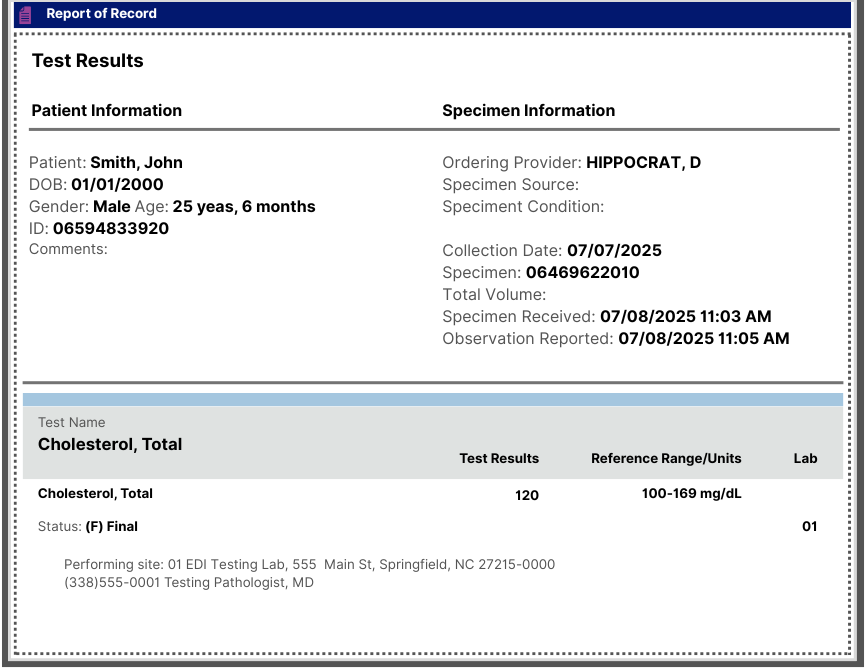 Electronic lab result received electronically by a psychiatric professional in ICANotes