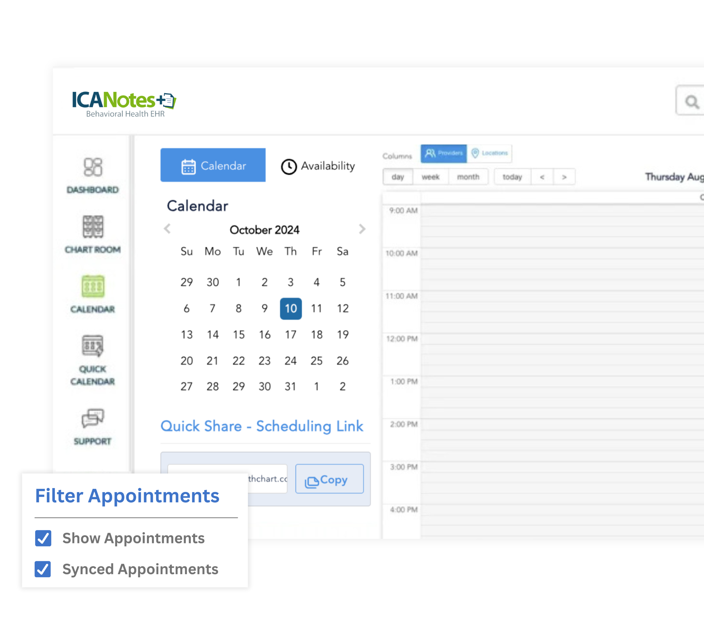 The ICANotes EHR scheduling and calendar user interface