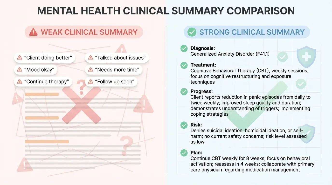 weak vs strong clinical summary example in mental health showing vague vs structured documentation