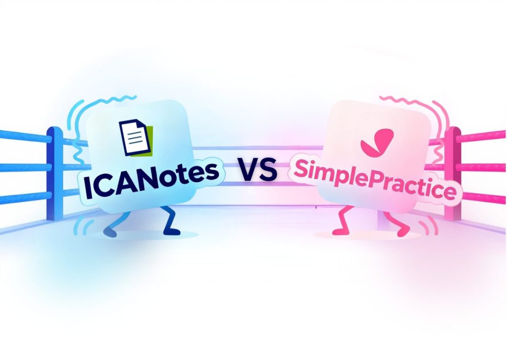 Illustration of ICANotes and SimplePractice logos facing off in a boxing ring, symbolizing an EHR comparison for behavioral health clinicians.