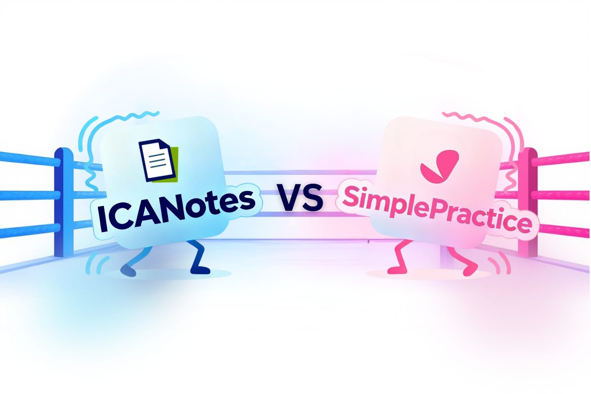 Illustration of ICANotes and SimplePractice logos facing off in a boxing ring, symbolizing an EHR comparison for behavioral health clinicians.