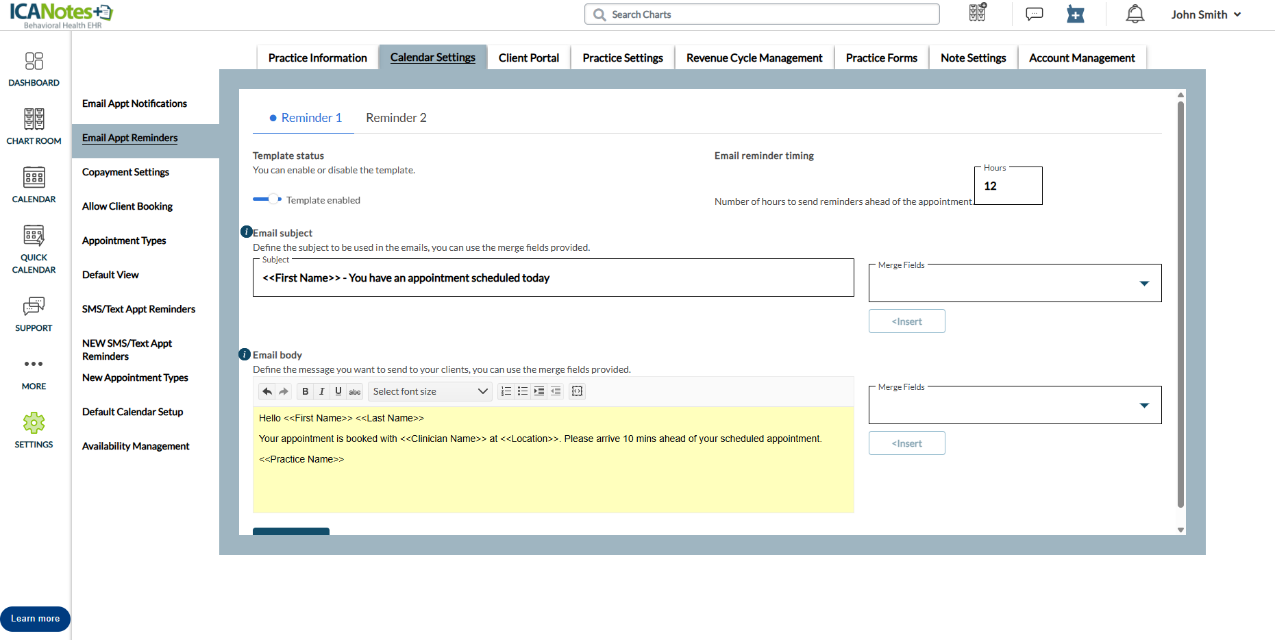 Screenshot of ICANotes EHR showing automated appointment reminder email template and calendar settings used in behavioral health private practices