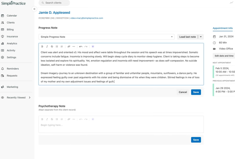 Screenshot of SimplePractice EHR showing progress note entry screen used by mental health clinicians in private practice