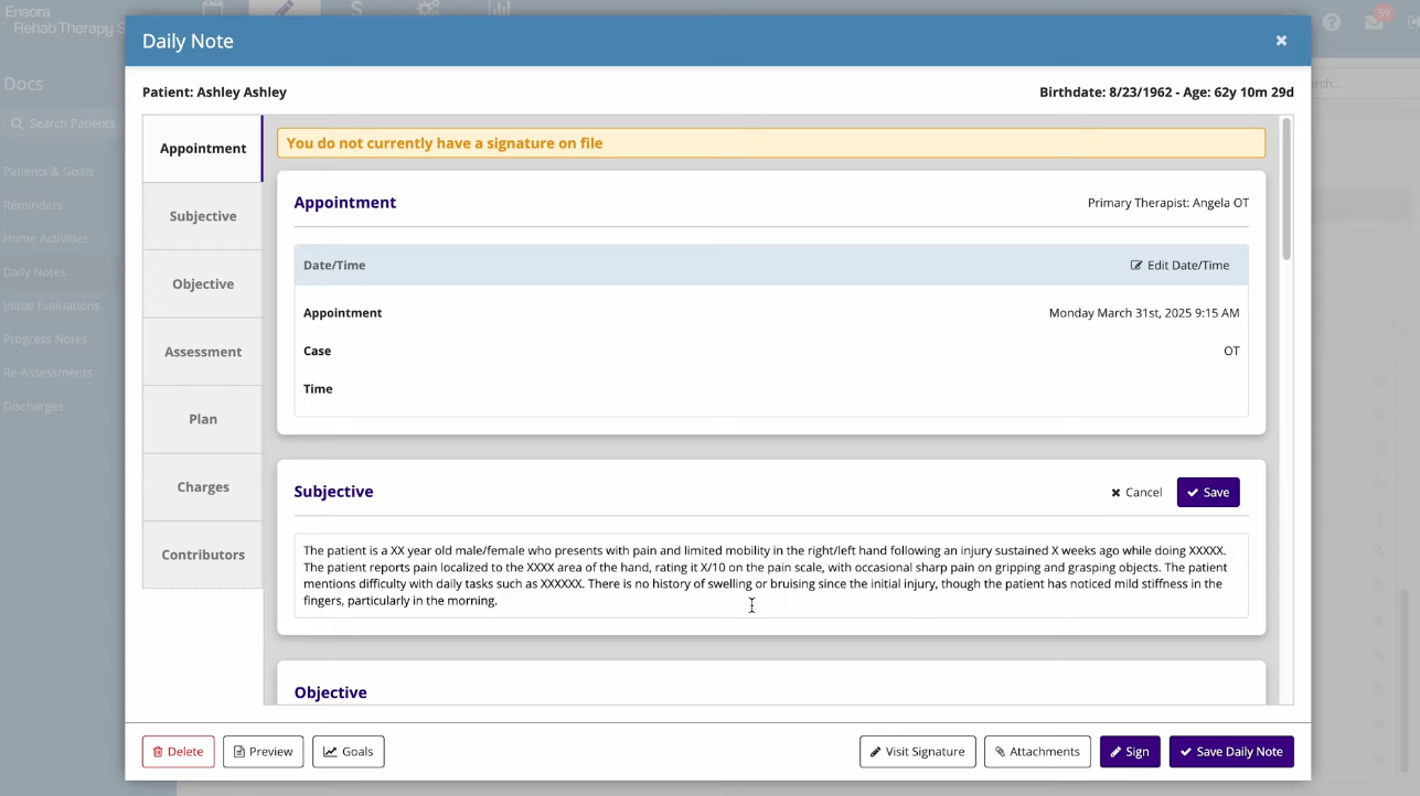Screenshot of Ensora EHR platform showing therapist scheduling and client documentation features for private practices