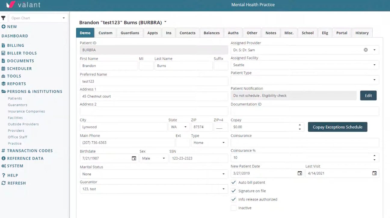 Screenshot of Valant EHR platform showing clinical dashboard and patient data for behavioral health practices