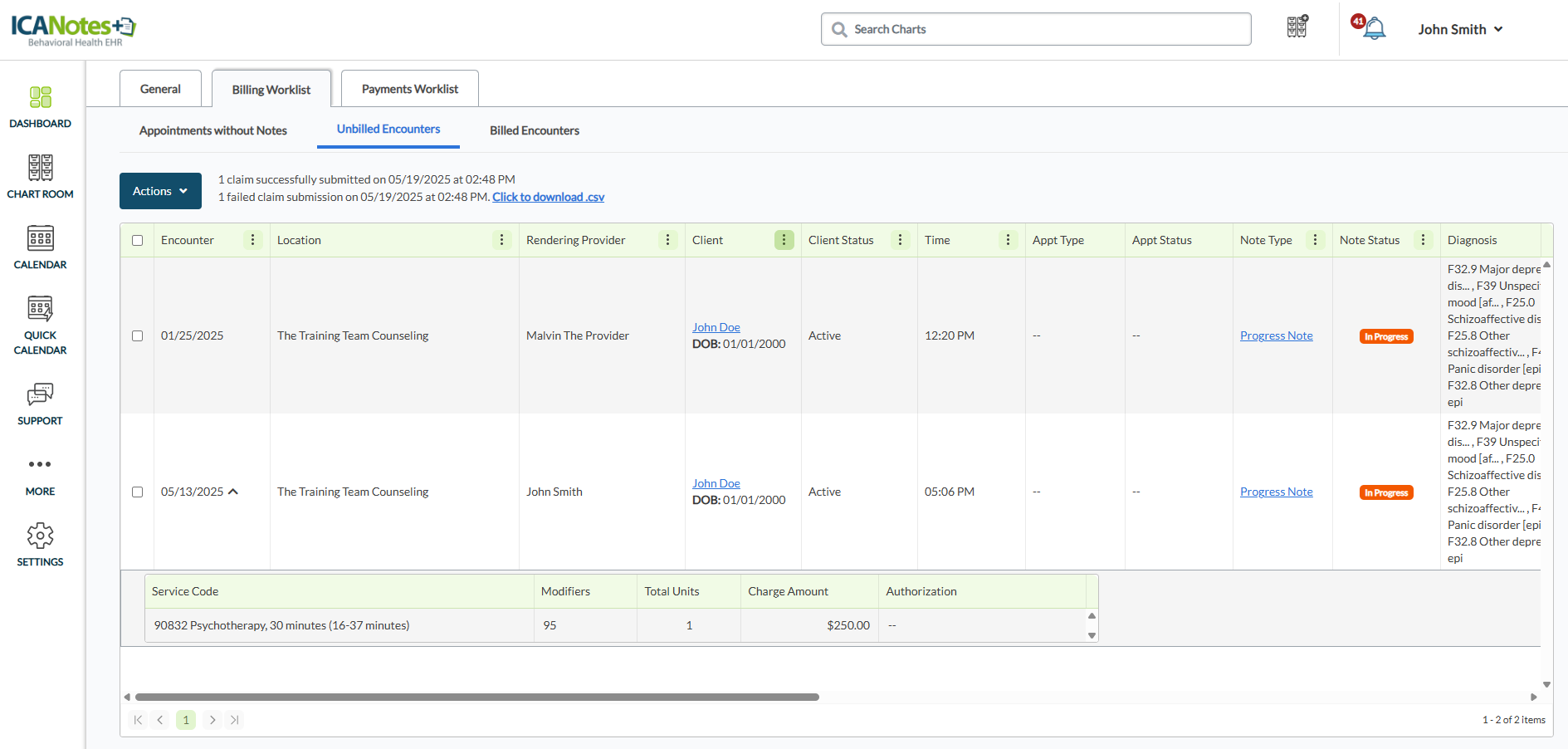 Screenshot of the ICANotes Behavioral Health EHR billing worklist displaying unbilled encounters and progress notes for therapy sessions