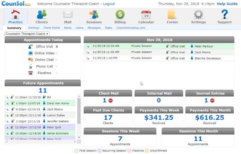 Screenshot of CounSol EHR platform showing client management and progress note documentation features for therapists