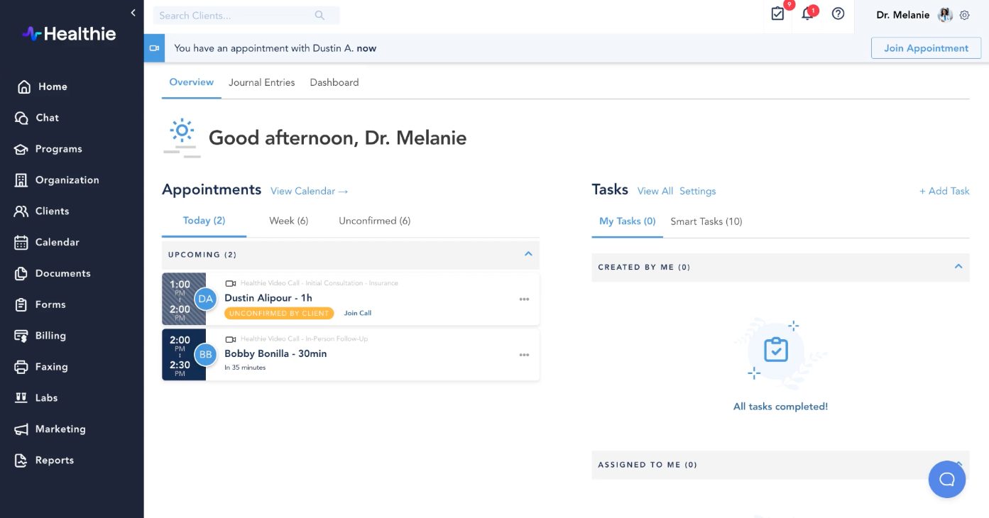 Screenshot of Healthie EHR showing telehealth video interface and client scheduling features for behavioral health practices