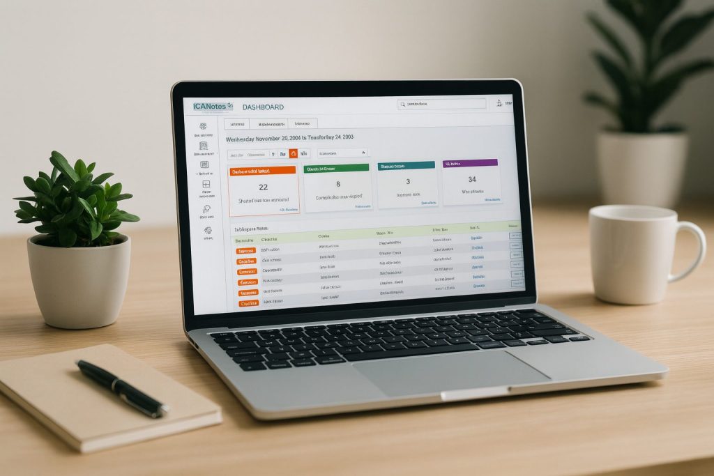 Laptop displaying ICANotes Behavioral Health EHR dashboard with clinical note tracking