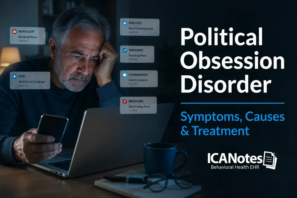 Older man compulsively checking political news and social media late at night, illustrating political obsession disorder and unhealthy political preoccupation.