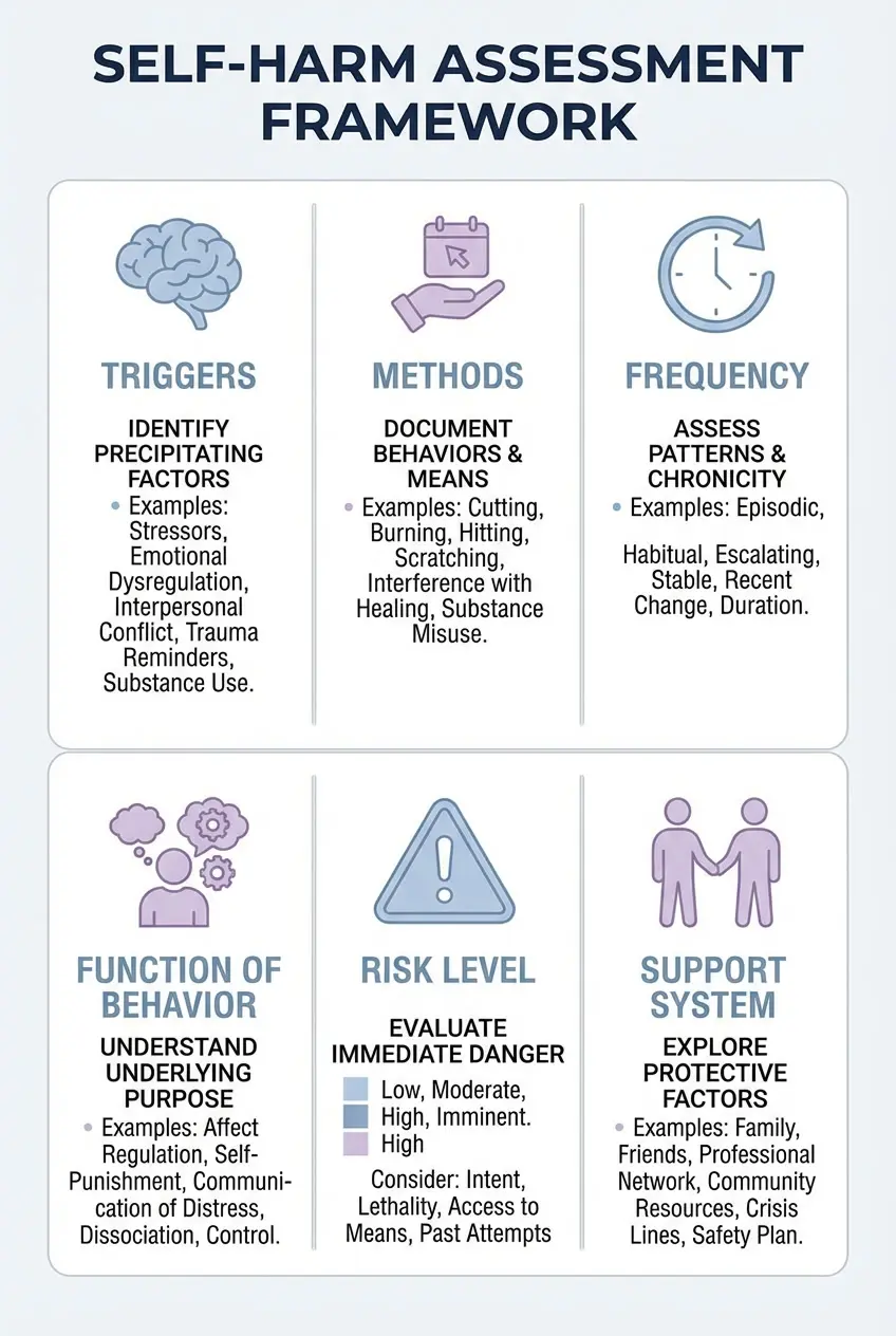 Self-harm assessment framework showing triggers, frequency, methods, function of behavior, and risk level