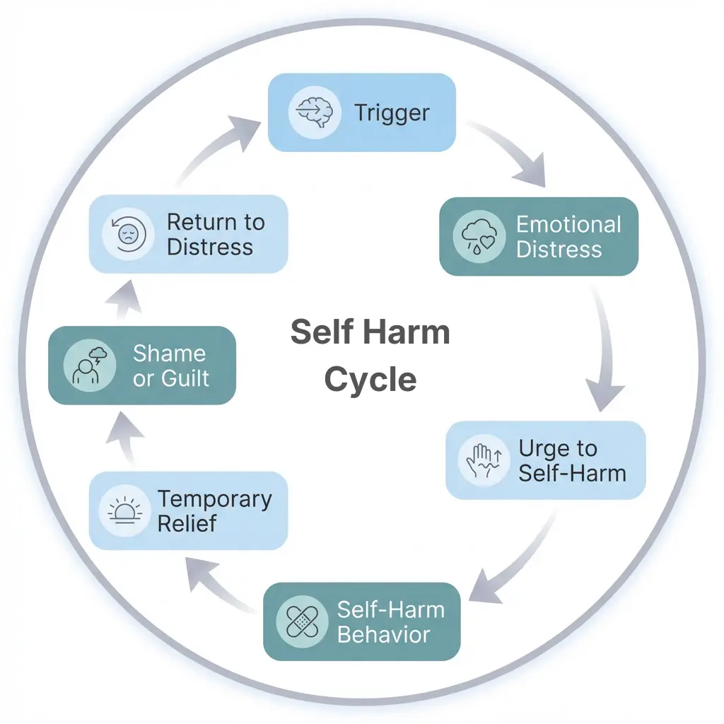 Self-harm cycle diagram showing triggers, emotional distress, self-harm behavior, temporary relief, and shame