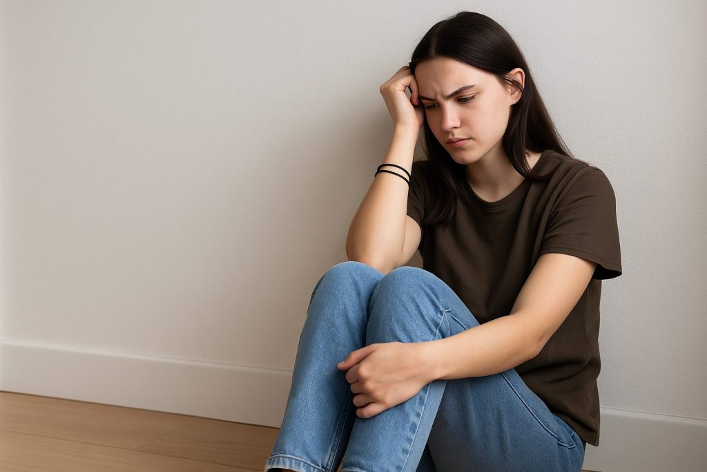 A young person sits on the floor against a softly lit wall, wearing casual clothes and loose rubber bands on their wrist, symbolizing coping and reflection in a safe clinical setting.