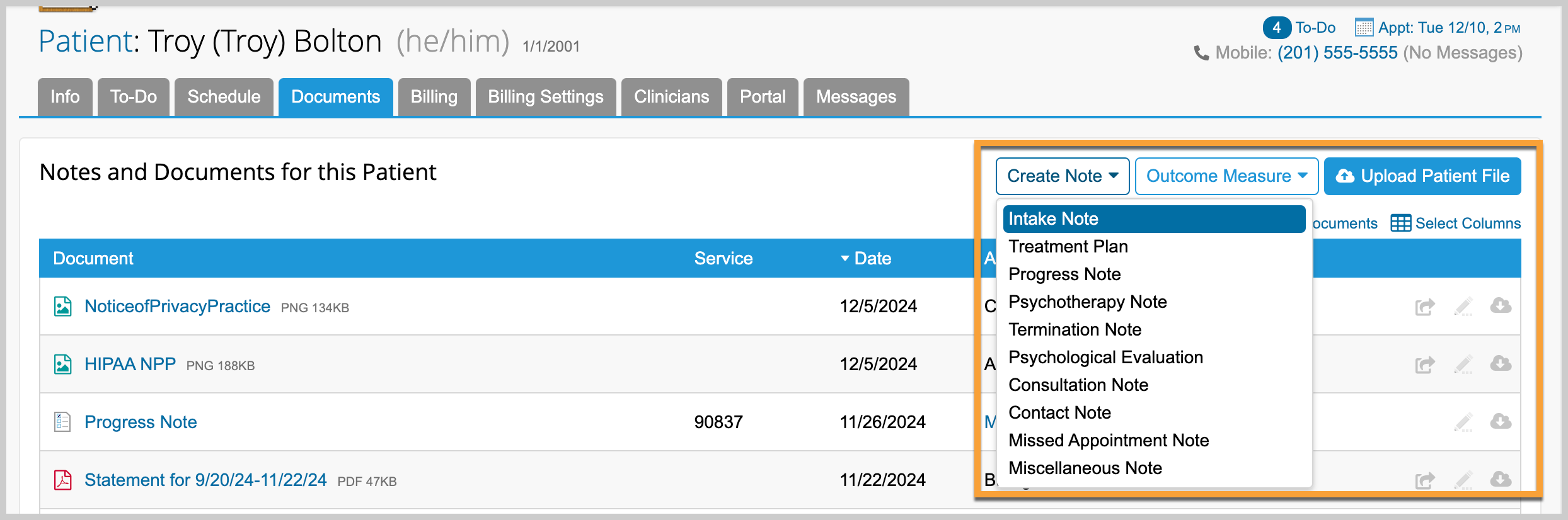 Screenshot of TherapyNotes EHR showing therapist documentation and note templates used in private practice