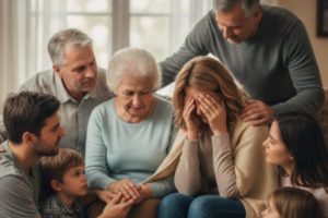 Concerned family, including parents, adult children, and grandchildren, gathered around a woman in distress, illustrating the impact of addiction on every generation.