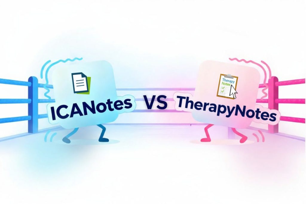 Illustration of ICANotes and TherapyNotes logos facing off in a boxing ring, representing a head-to-head comparison of behavioral health EHR software.
