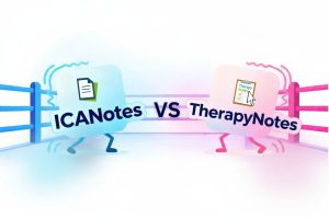 Illustration of ICANotes and TherapyNotes logos facing off in a boxing ring, representing a head-to-head comparison of behavioral health EHR software.