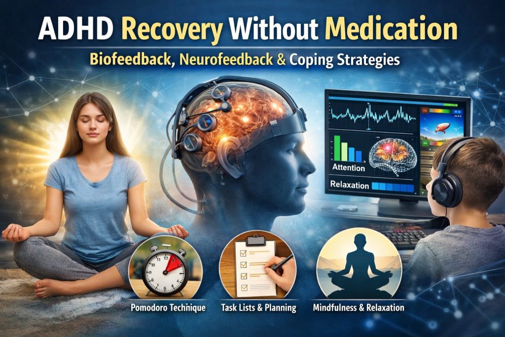 ADHD recovery without medication using biofeedback, neurofeedback therapy, and coping mechanisms to improve focus and emotional regulation