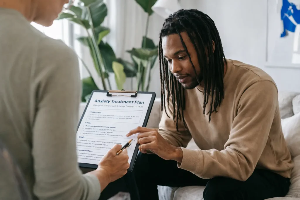 therapist and client reviewing an anxiety treatment plan together during a counseling session