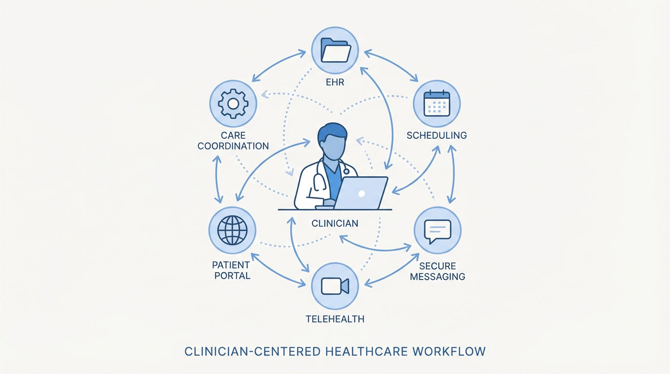 Illustration showing how FHIR supports a clinician-centered healthcare workflow