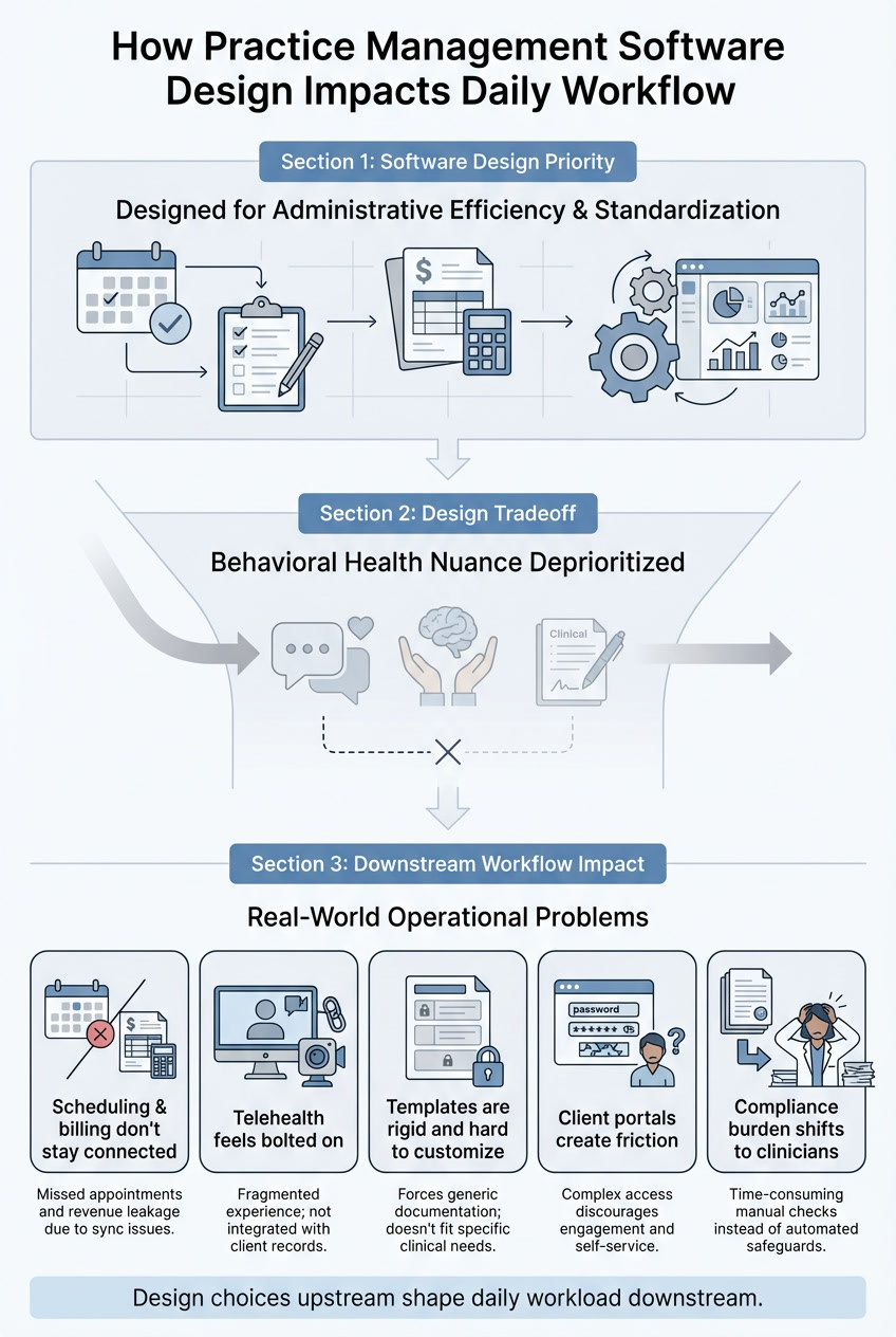 Infographic showing how mental health practice management software design choices affect scheduling, billing, telehealth, client portals, and compliance workflows.
