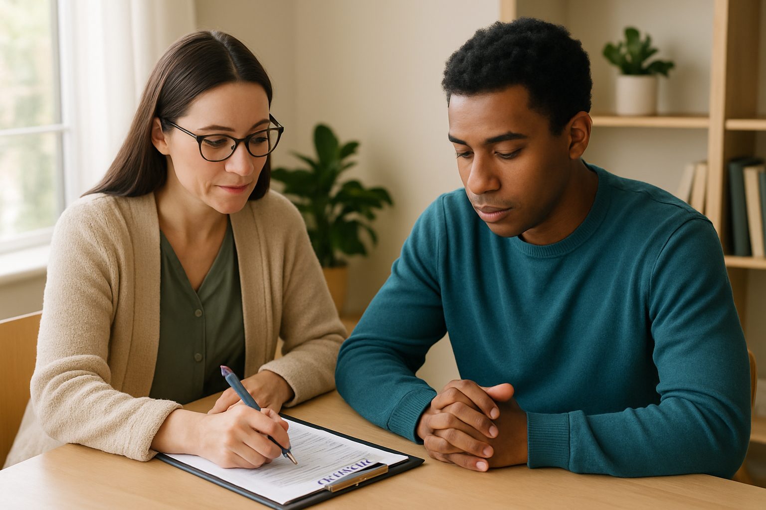 A therapist and client sitting together in a counseling session, collaboratively completing a written mental health safety plan on a clipboard.