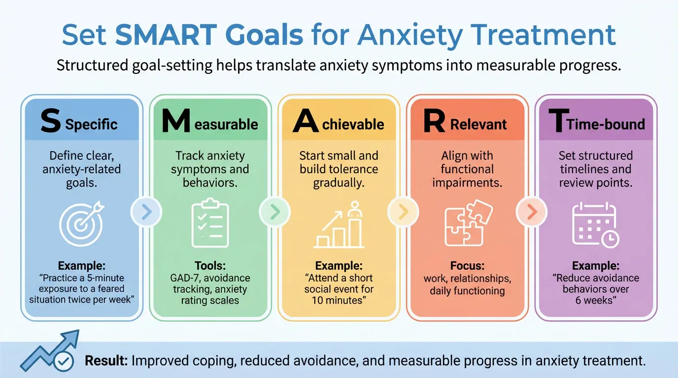 SMART goals for anxiety treatment infographic showing specific measurable achievable relevant and time bound examples