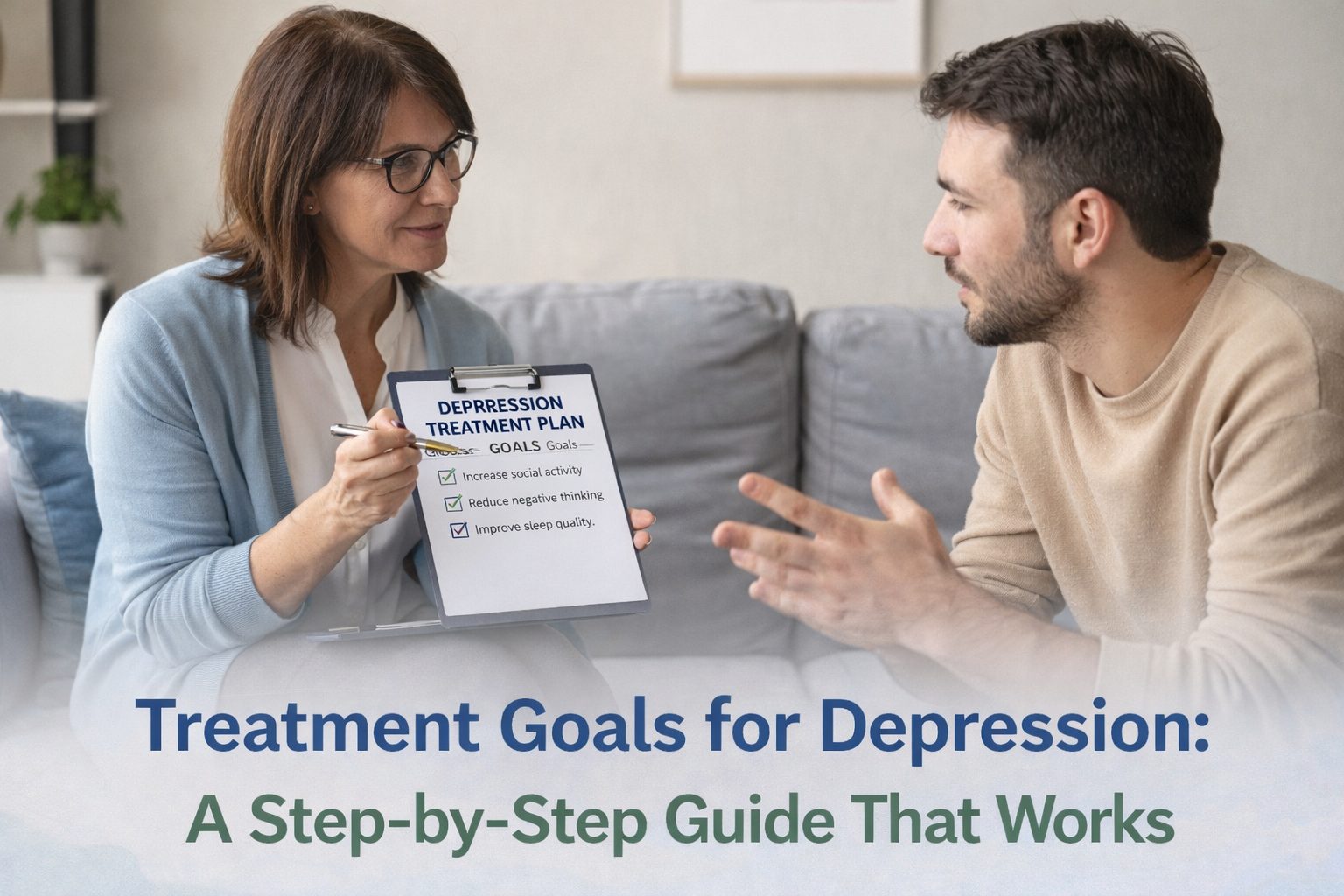 Therapist and client meeting in a counseling session to set treatment goals for depression using a structured treatment plan.