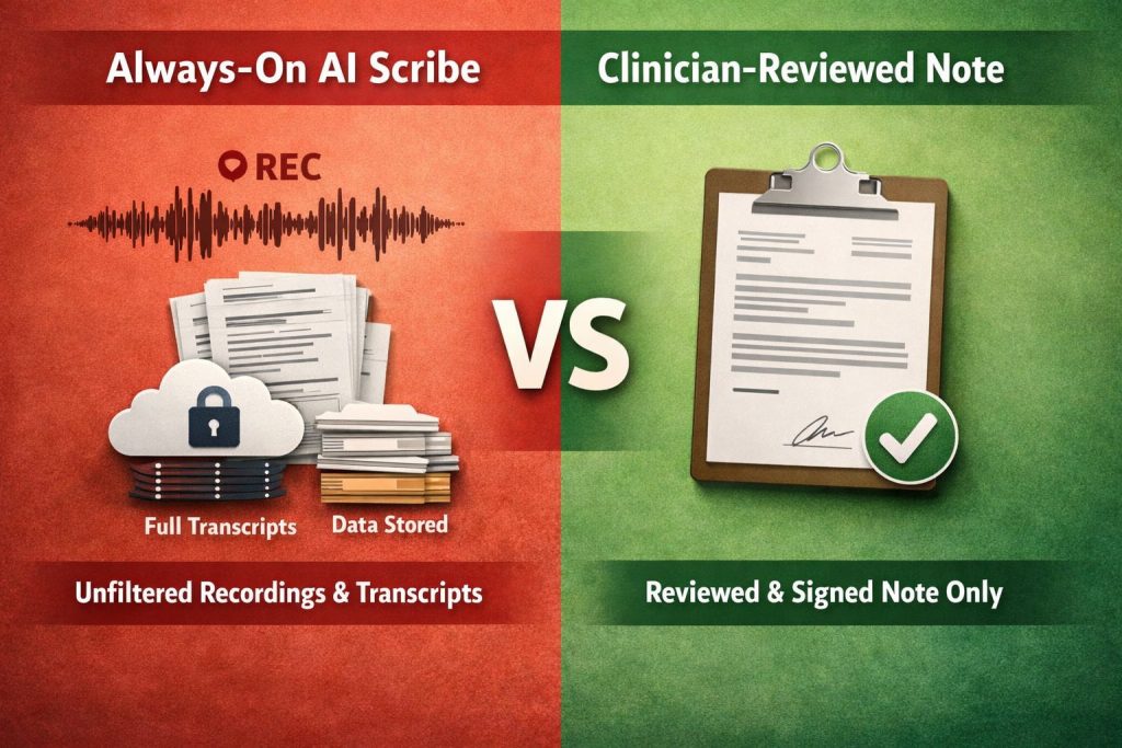 Comparison of an always-on ambient AI scribe that stores audio recordings and transcripts versus a clinician-reviewed and signed mental health progress note only.