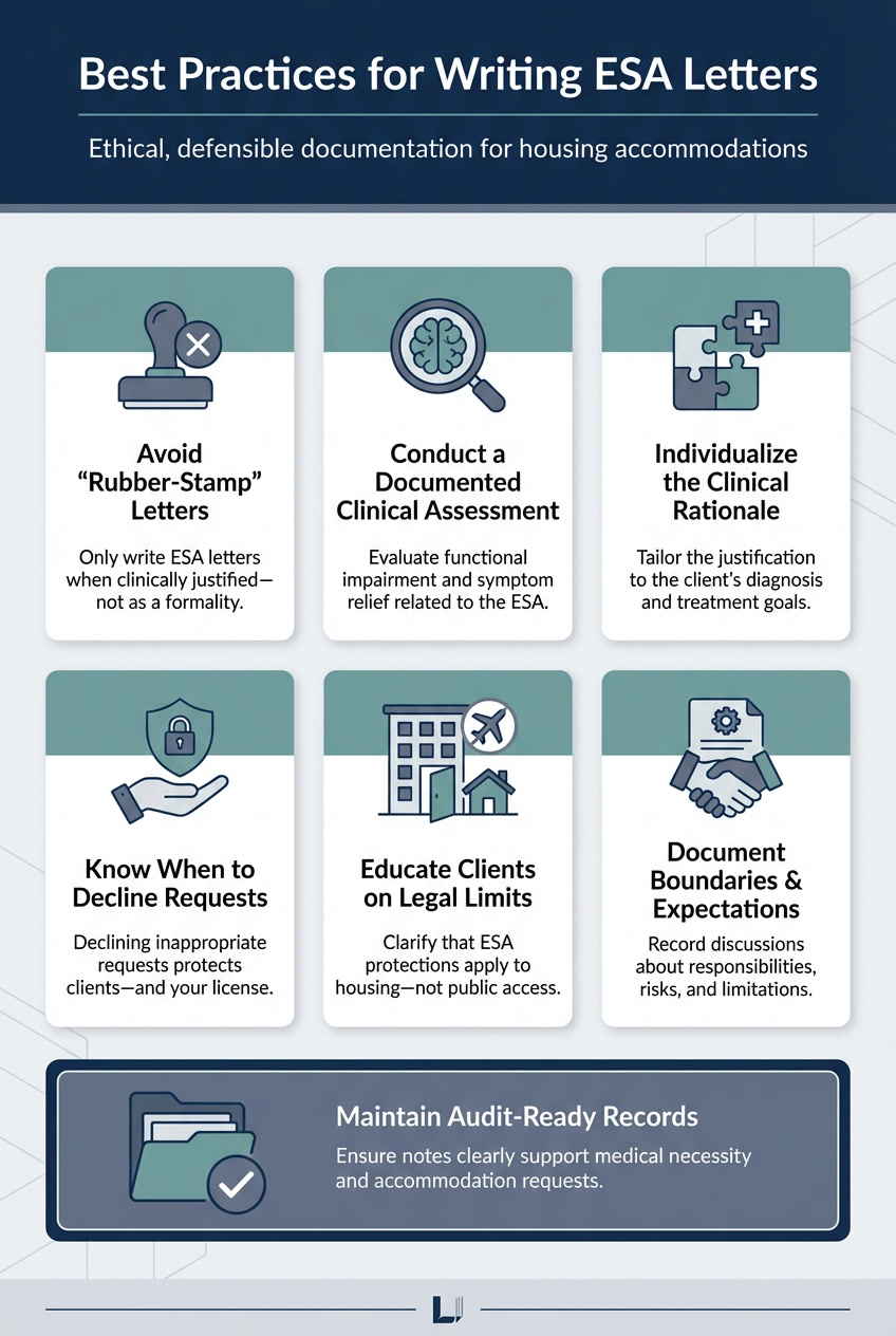 Best practices checklist for therapists writing emotional support animal letters, including clinical assessment, ethical documentation, and FHA compliance