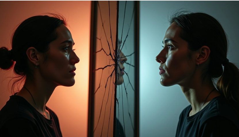 Split portrait of a woman facing her reflection in a cracked mirror, symbolizing emotional intensity and identity fragmentation in BPD vs sociopathy comparison.