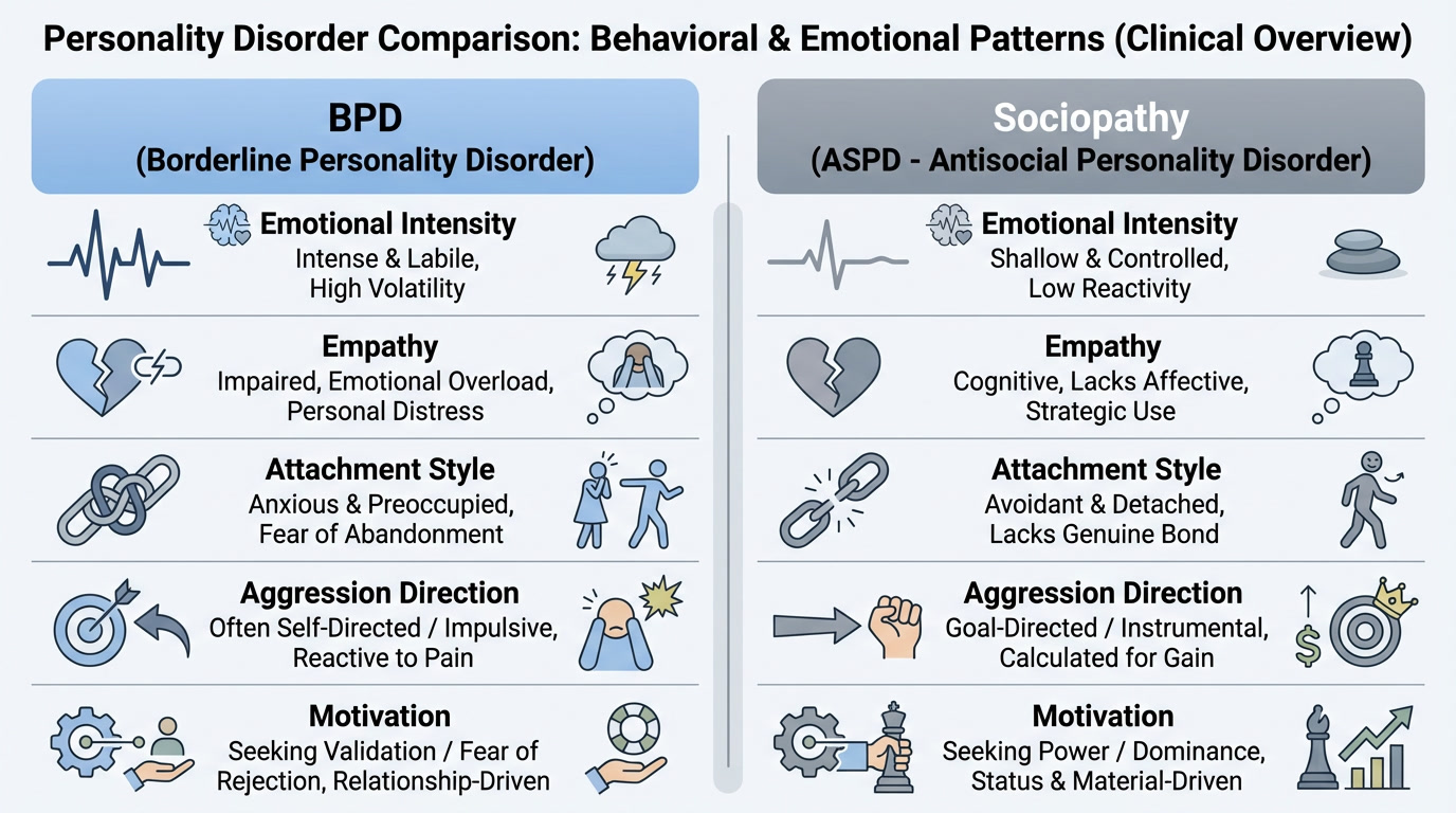 Side-by-side clinical comparison of emotional intensity, empathy, attachment style, aggression direction, and motivation in BPD vs sociopathy.