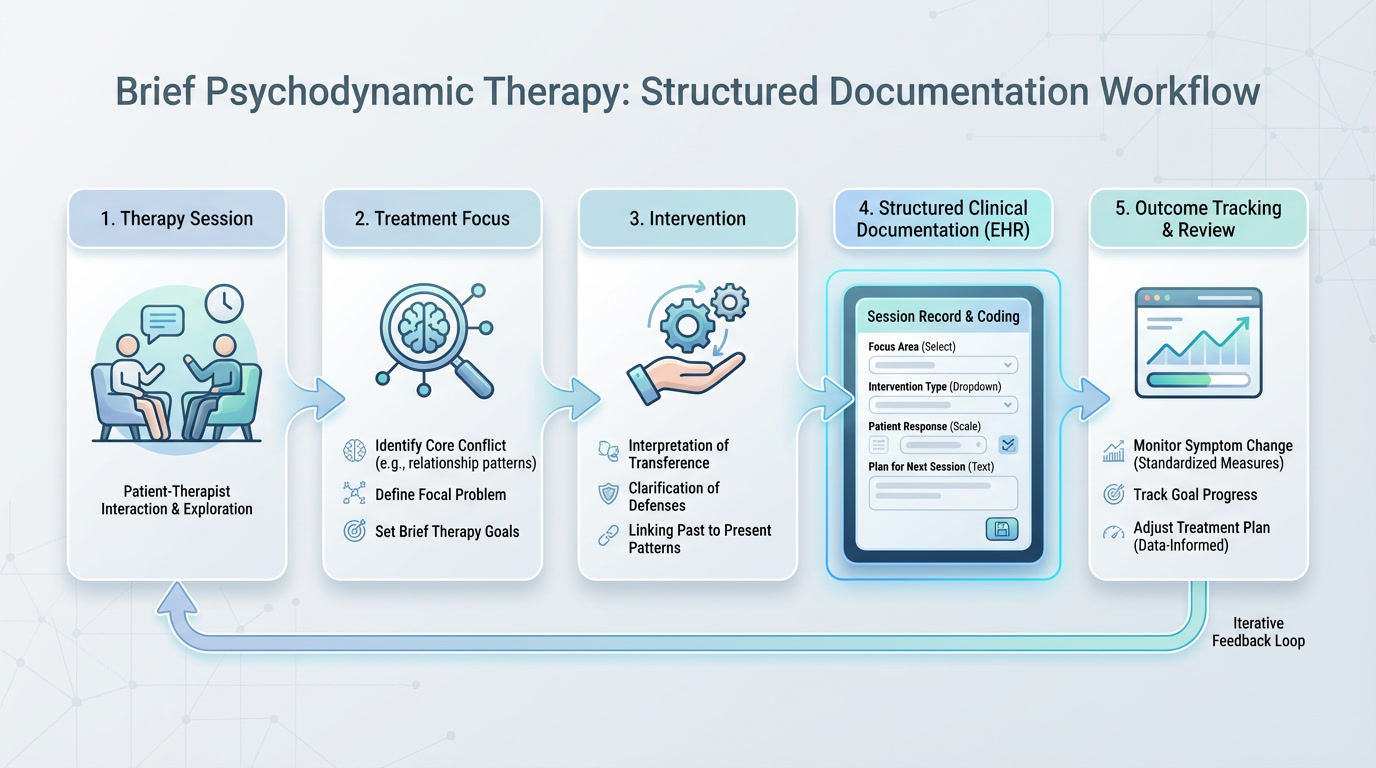 Workflow diagram showing how brief psychodynamic therapy sessions move from treatment focus and interventions to structured EHR documentation and outcome tracking