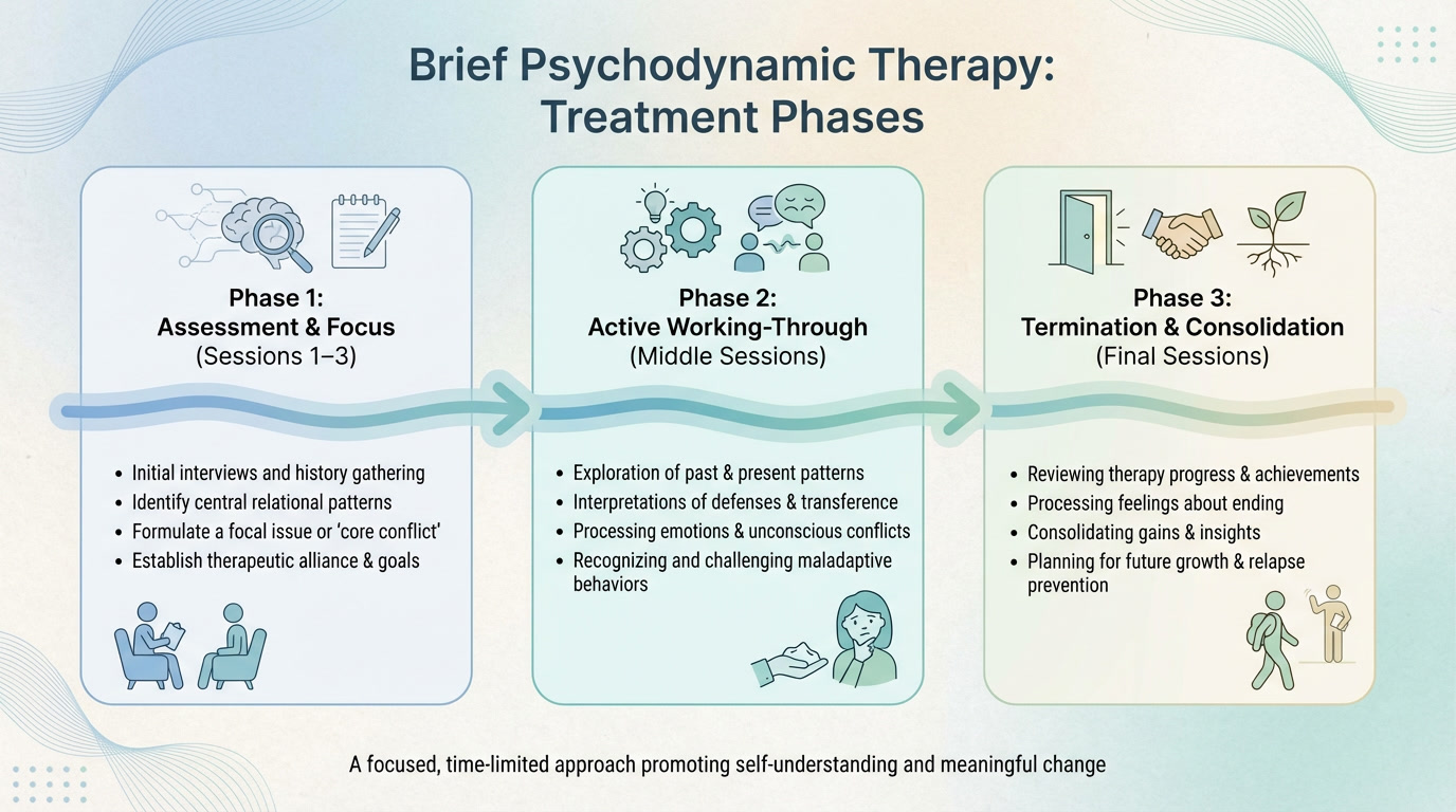 Timeline showing the three treatment phases of brief psychodynamic therapy: assessment and focus, active working-through, and termination and consolidation