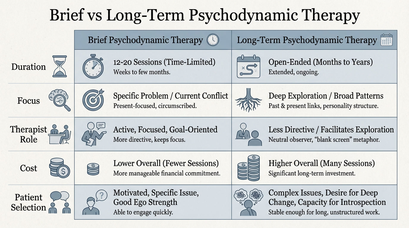 Comparison chart showing differences between brief psychodynamic therapy and long-term psychodynamic therapy, including duration, focus, therapist role, cost, and patient selection