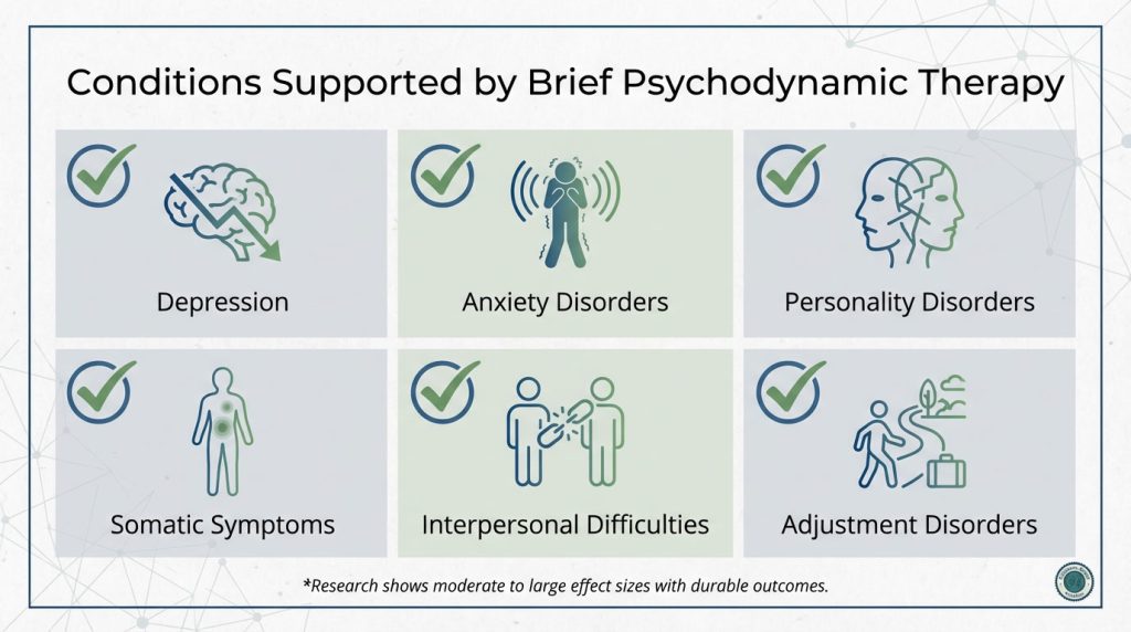Infographic showing conditions supported by brief psychodynamic therapy, including depression, anxiety disorders, personality disorders, somatic symptoms, interpersonal difficulties, and adjustment disorders