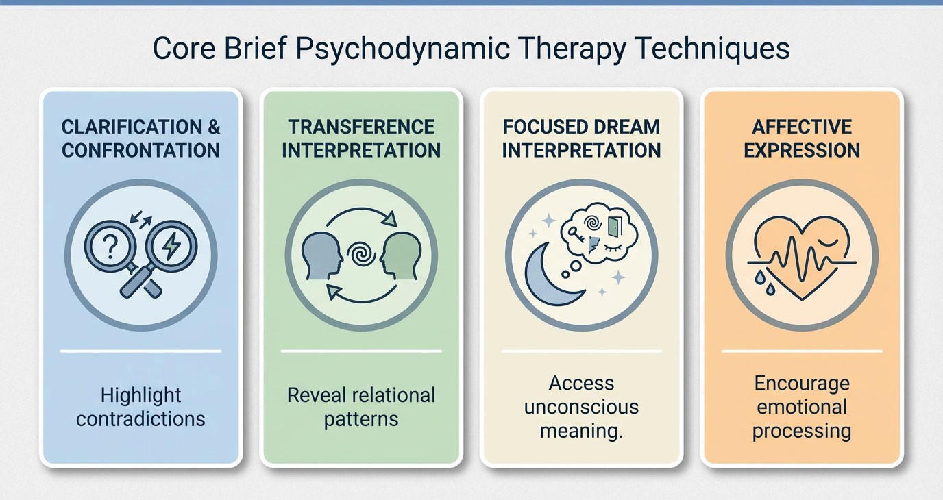 Infographic illustrating core brief psychodynamic therapy techniques, including clarification and confrontation, transference interpretation, focused dream interpretation, and affective expression