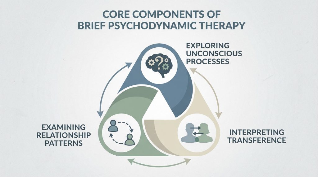 Diagram illustrating the core components of brief psychodynamic therapy, including exploring unconscious processes, examining relationship patterns, and interpreting transference